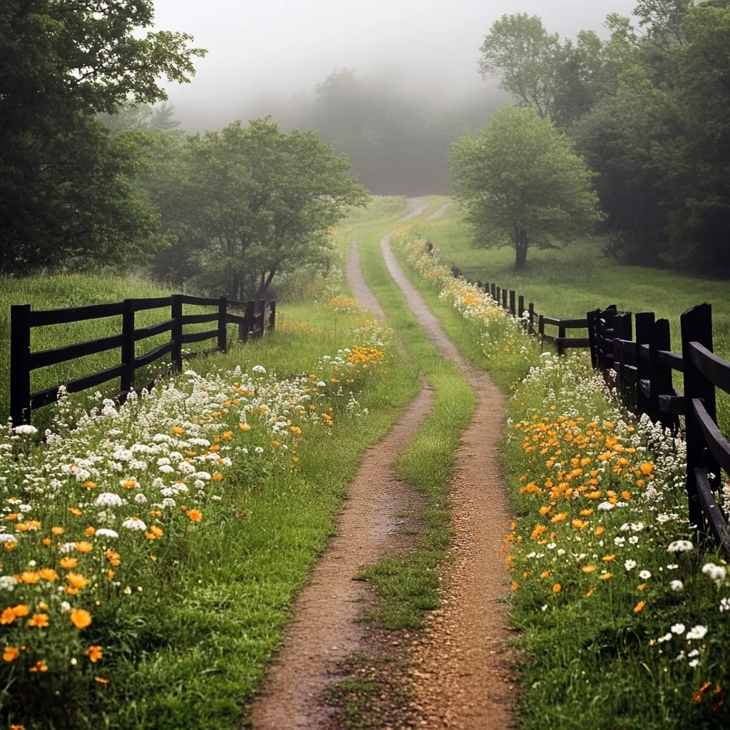 A picturesque country lane winds through a misty landscape, bordered by dark wooden fences.  Wildflowers in vibrant orange and white bloom profusely along the grassy verges. Lush green foliage and towering trees frame the tranquil scene, creating a sense of serene isolation and natural beauty.  The gentle curve of the road leads the eye towards the fog-shrouded distance.