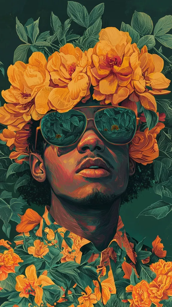 A stylized portrait of a dark-skinned man.  He wears sunglasses and is adorned with a crown of vibrant orange flowers. Lush green foliage surrounds him, blending seamlessly with a floral patterned shirt. The overall aesthetic is rich, dark, and saturated, with a painterly texture.  The image conveys a sense of both serenity and vibrancy.