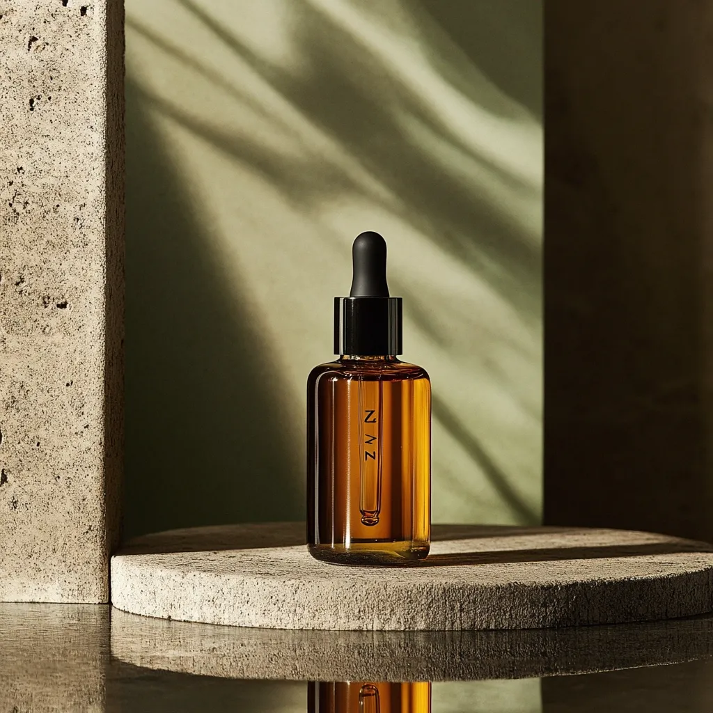 A bottle of ZMZ amber-colored facial serum sits on a light beige circular platform.  The bottle is rectangular with a black dropper top.  The background features textured concrete-like structures and soft, dappled green lighting, creating a minimalist and sophisticated aesthetic. The overall image evokes a sense of calm and natural beauty.