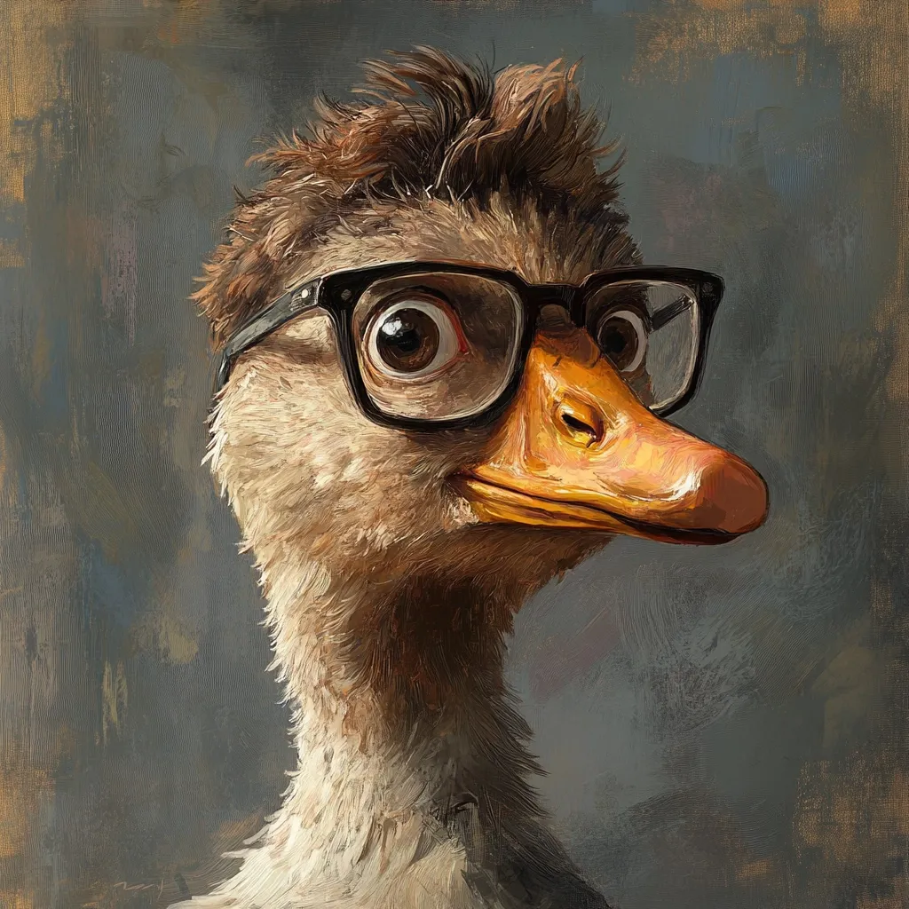 A digital painting depicts a goose with a quirky hairstyle and black-rimmed glasses. The goose's expression is subtly amused, its large eyes peering over the frames.  The style is painterly, mimicking oil on canvas, with visible brushstrokes and a muted color palette dominated by browns and greys against a textured background.  The overall effect is both humorous and slightly sophisticated.
