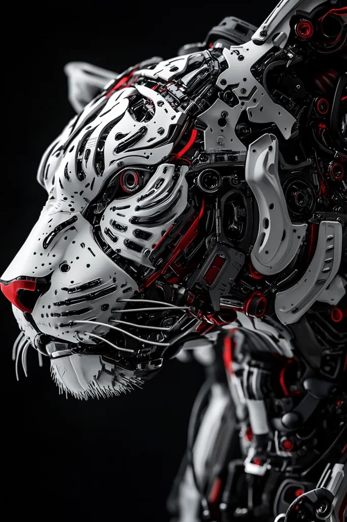 A close-up shot reveals a meticulously crafted robotic tiger head, predominantly white and black with accents of red.  The intricate design showcases exposed metallic gears, wires, and internal mechanisms, giving a glimpse into its complex robotic nature.  The stark contrast against the black background highlights the intricate details and the futuristic aesthetic of the mechanical beast.  Its intense gaze and sharp features are striking, evoking both power and precision.