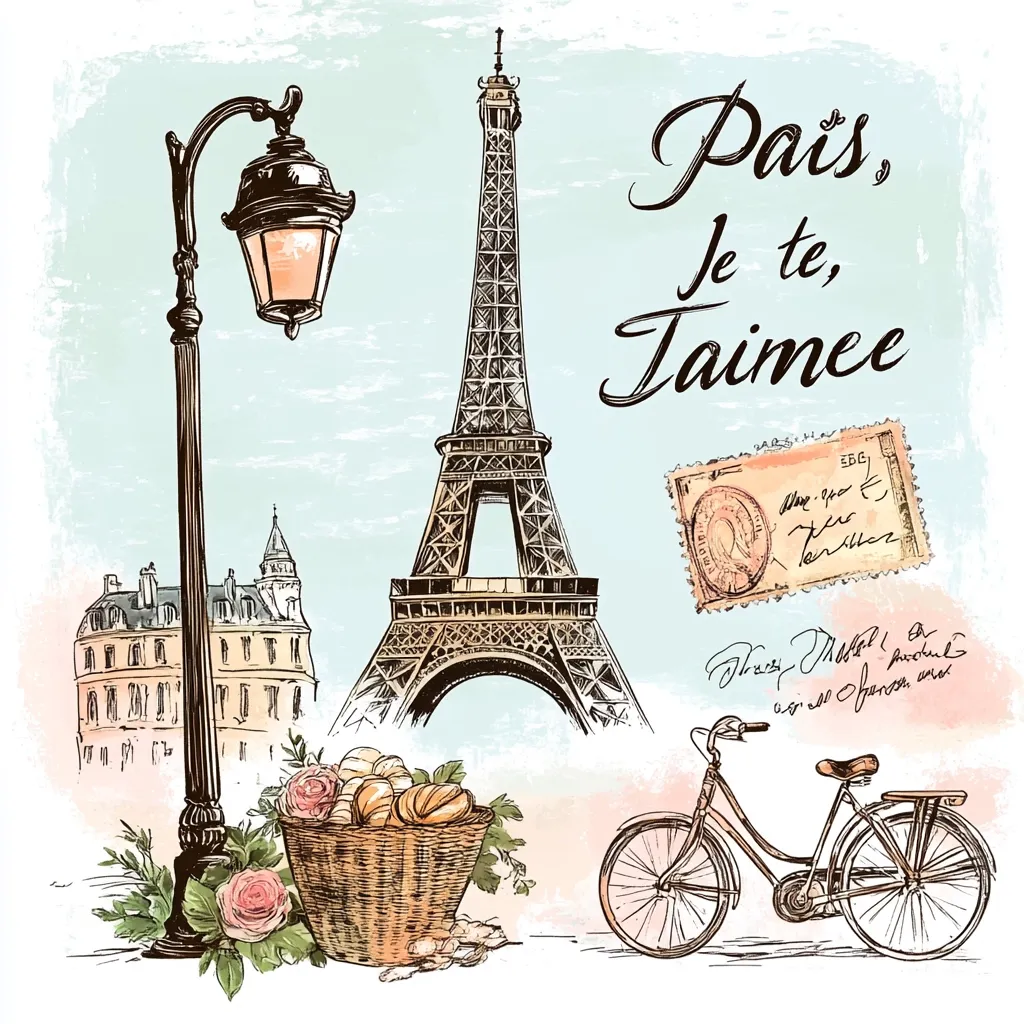 A charming illustration depicts Parisian icons: the Eiffel Tower, a vintage lamppost, a bicycle, and a basket of bread.  The phrase "Paris, Je te, Taimee" ("Paris, I love you") is elegantly scripted.  A postage stamp and handwritten notes add a nostalgic, travelogue feel to the romantic, hand-drawn watercolor style artwork.  Buildings in the background contribute to the city's atmosphere.