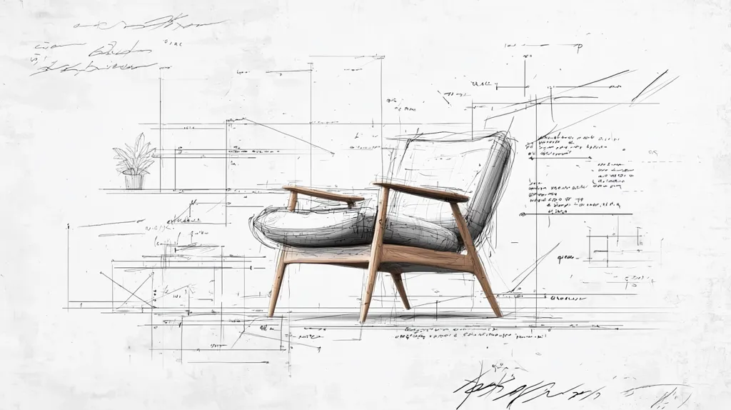 A stylish mid-century modern armchair is depicted in a grayscale sketch overlaid on architectural blueprints.  The chair, rendered with realistic texture, contrasts against the technical drawings and handwritten notes, suggesting the design process.  A small potted plant sits on a shelf in the background, adding a touch of life to the technical scene. The overall impression is one of creative process and design.