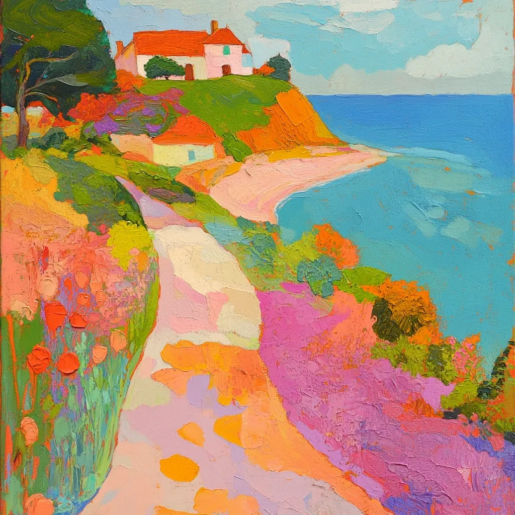 A vibrant, impressionistic painting depicts a coastal path winding down to a secluded beach.  Brightly colored flowers and lush greenery line the path, leading towards a charming white house perched atop a cliff overlooking turquoise water. The artist uses bold strokes and a cheerful palette, evoking a feeling of warmth and serenity.  The overall effect is a joyful celebration of coastal beauty.