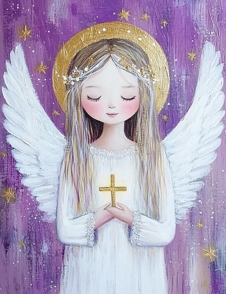 A painting depicts a serene angel girl with long blonde hair and large, closed eyes.  She wears a white gown and a golden halo, holding a gold cross to her chest.  Large, white wings frame her, set against a purple background sprinkled with gold stars. The style is whimsical and delicate, evoking a sense of peace and spirituality.