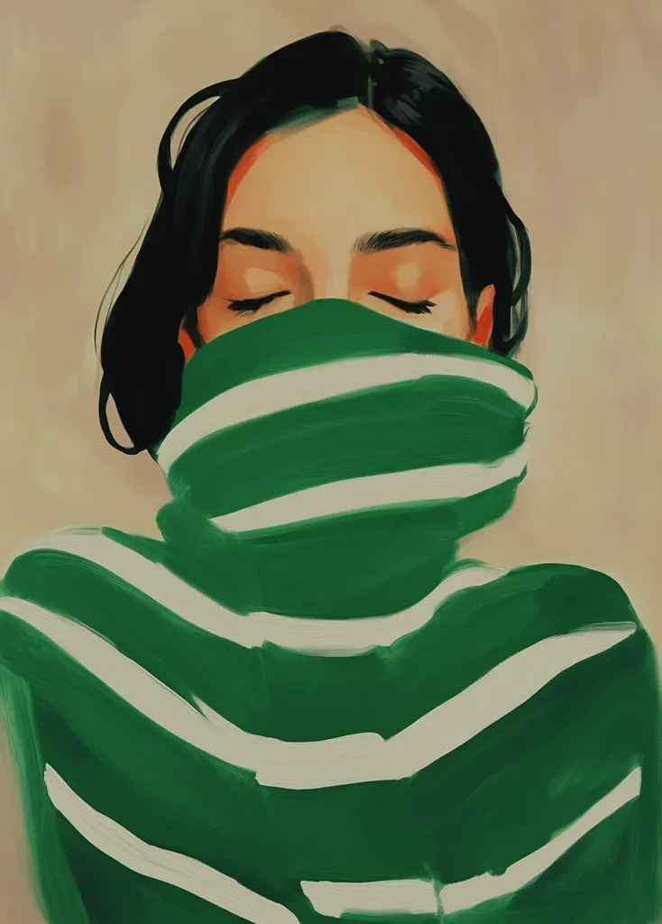 A stylized portrait of a woman with dark hair, her face mostly obscured by a thick, green and white horizontally striped turtleneck sweater.  Her eyes are closed, suggesting serenity or contemplation. The painting employs bold brushstrokes and a limited color palette, emphasizing the texture of the sweater and the woman's soft features. The overall mood is calm and introspective.