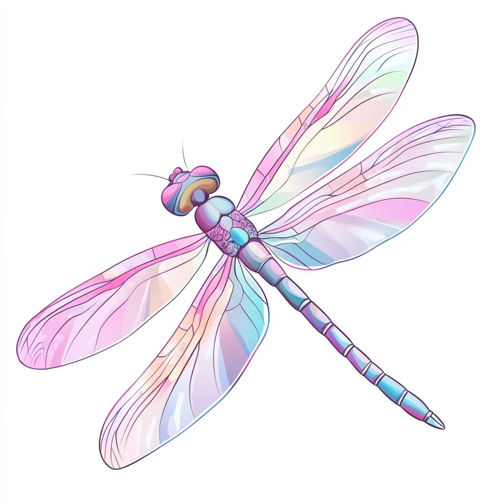 A pastel-colored dragonfly is depicted in a stylized illustration.  Its wings are translucent, showcasing a gradient of pink, purple, and light blue hues. Delicate veining is visible on the wings. The body is slender and blue-green, with a detailed head. The overall style is artistic and delicate, creating a whimsical image.