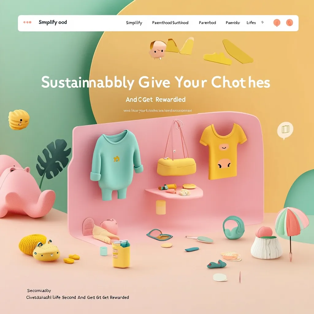 A pastel-colored 3D illustration promotes sustainable clothing donation.  The image features cartoonish clothing items, accessories, and animals arranged on a pink platform.  Text emphasizes giving your clothes and getting rewarded, highlighting a program that incentivizes environmentally conscious actions.  The overall style is playful and inviting.