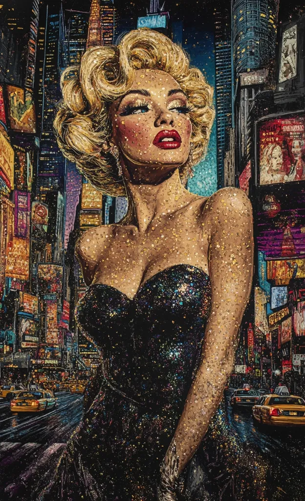A glamorous woman with blonde, pin-curled hair, adorned in a glittering black strapless gown, stands against the vibrant backdrop of a bustling Times Square.  The image is rich in texture and detail, with gold speckles highlighting her figure and the city lights reflecting in her confident gaze.  The artwork blends a classic Hollywood glamour aesthetic with the energetic atmosphere of New York City.