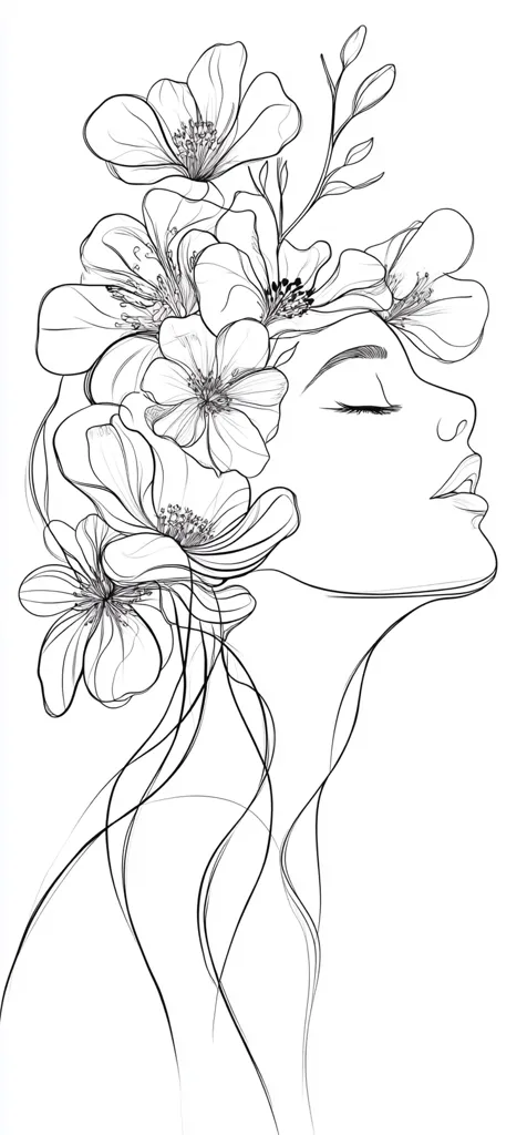 A line drawing depicts a woman's profile, her eyes closed serenely.  Her head is adorned with a crown of delicately rendered flowers, their petals flowing gracefully.  The style is minimalist and elegant, emphasizing flowing lines and the juxtaposition of the woman's form with the floral embellishment. The overall impression is one of peace and beauty.