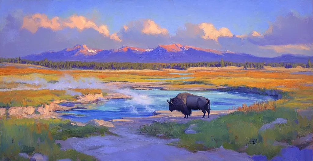 A lone bison stands by a steaming geothermal spring in a vibrant landscape.  The foreground is a mix of grasses and earth tones, leading to a calm, blue-green waterway.  Beyond, a vast golden plain stretches towards a dramatic mountain range under a soft, pastel sky.  The painting evokes a serene yet powerful feeling of the American West.
