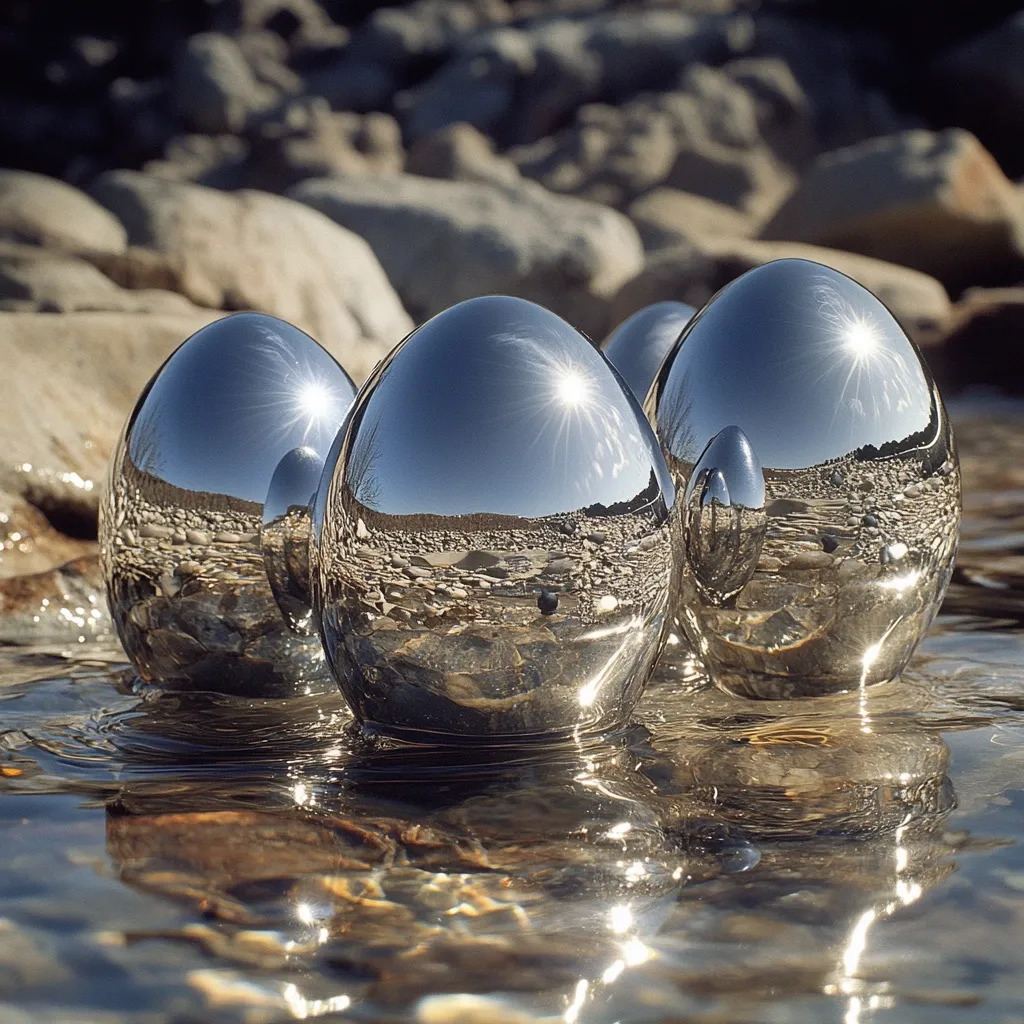 Three polished chrome spheres rest in a shallow stream, reflecting the sun and the rocky stream bed.  The bright reflections distort the surrounding landscape, creating an abstract and captivating image.  The smooth, mirrored surfaces of the spheres contrast sharply with the rough texture of the rocks. The scene evokes a sense of serenity and natural beauty.