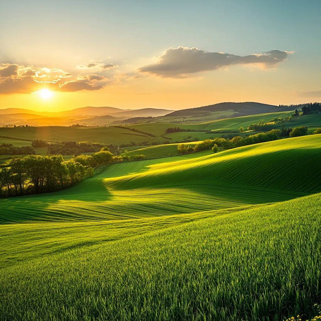 A breathtaking sunset illuminates rolling green hills and fields.  The sun, a vibrant orb, casts long shadows across the landscape. Lush greenery covers the undulating terrain, creating a picturesque pastoral scene.  Trees dot the valleys, adding depth to the tranquil beauty of the countryside. The sky is a blend of soft blues and warm oranges, completing the idyllic image.