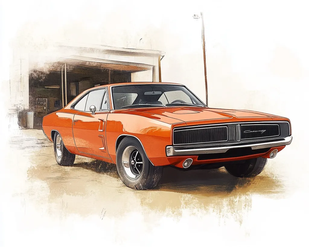 A vibrant orange 1968 Dodge Charger R/T is depicted in a stylized illustration.  The classic muscle car sits prominently, parked outside a garage.  The image uses a blend of painting and sketching techniques, creating a textured, slightly faded effect that enhances the vintage aesthetic of the vehicle.  The setting suggests a nostalgic scene, perhaps a roadside diner or small-town garage.