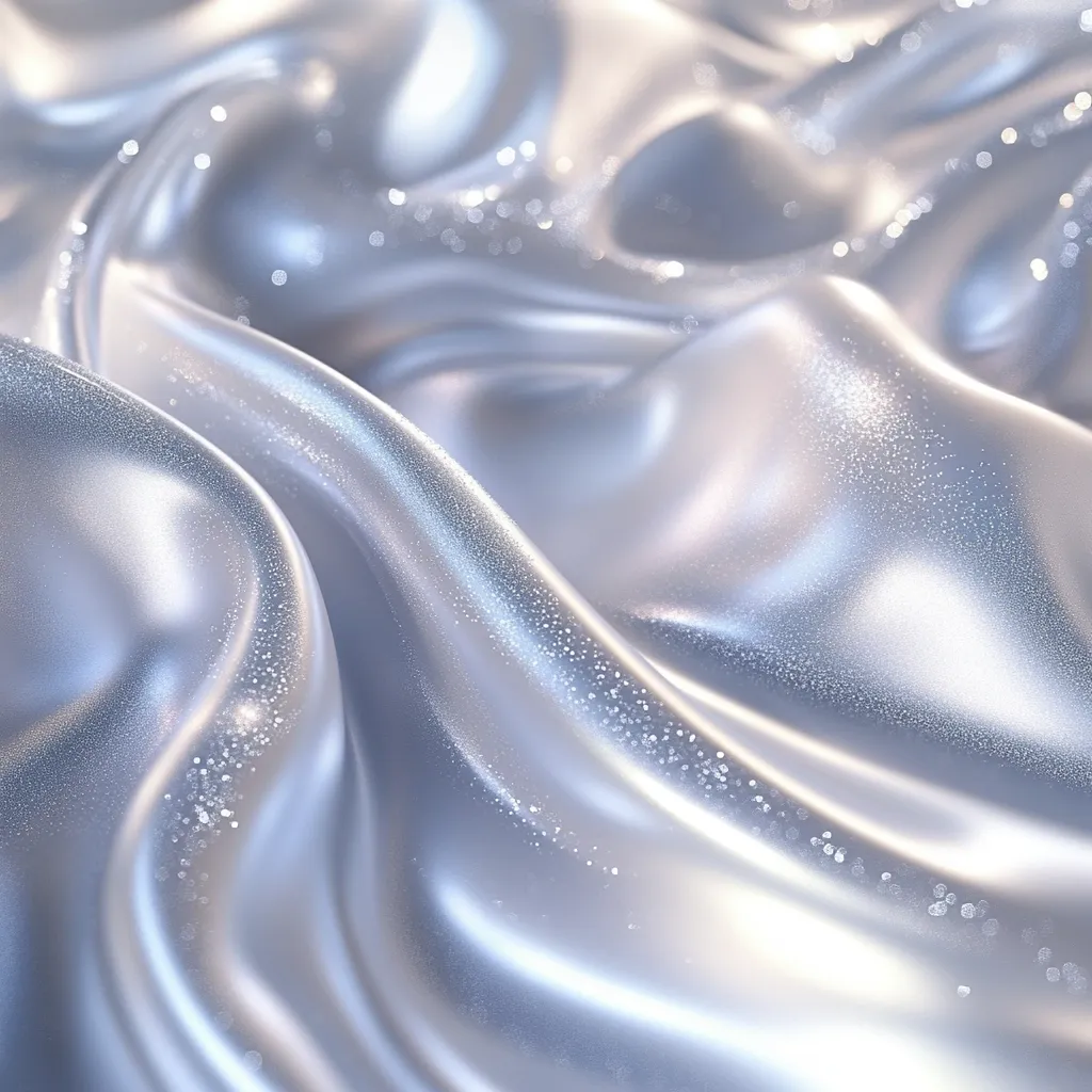 A close-up shot reveals the luxurious texture of shimmering silver fabric.  Soft, flowing folds and gentle curves create a sense of fluidity and elegance.  Tiny, light-catching particles are scattered across the surface, enhancing its lustrous quality.  The overall effect is one of sophistication and refined beauty.