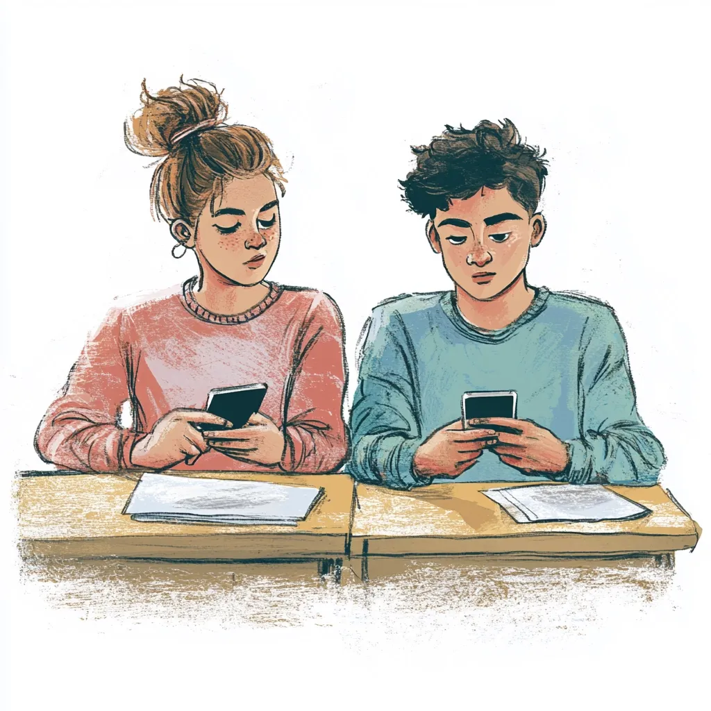 An illustration shows a girl and boy sitting at adjacent desks, each engrossed in their smartphones.  The girl, with her hair in a bun, wears a peach sweater.  The boy, with dark, curly hair, wears a teal sweater.  Both appear preoccupied, ignoring any papers on their desks. The style is loose and slightly textured, resembling a sketchbook drawing.