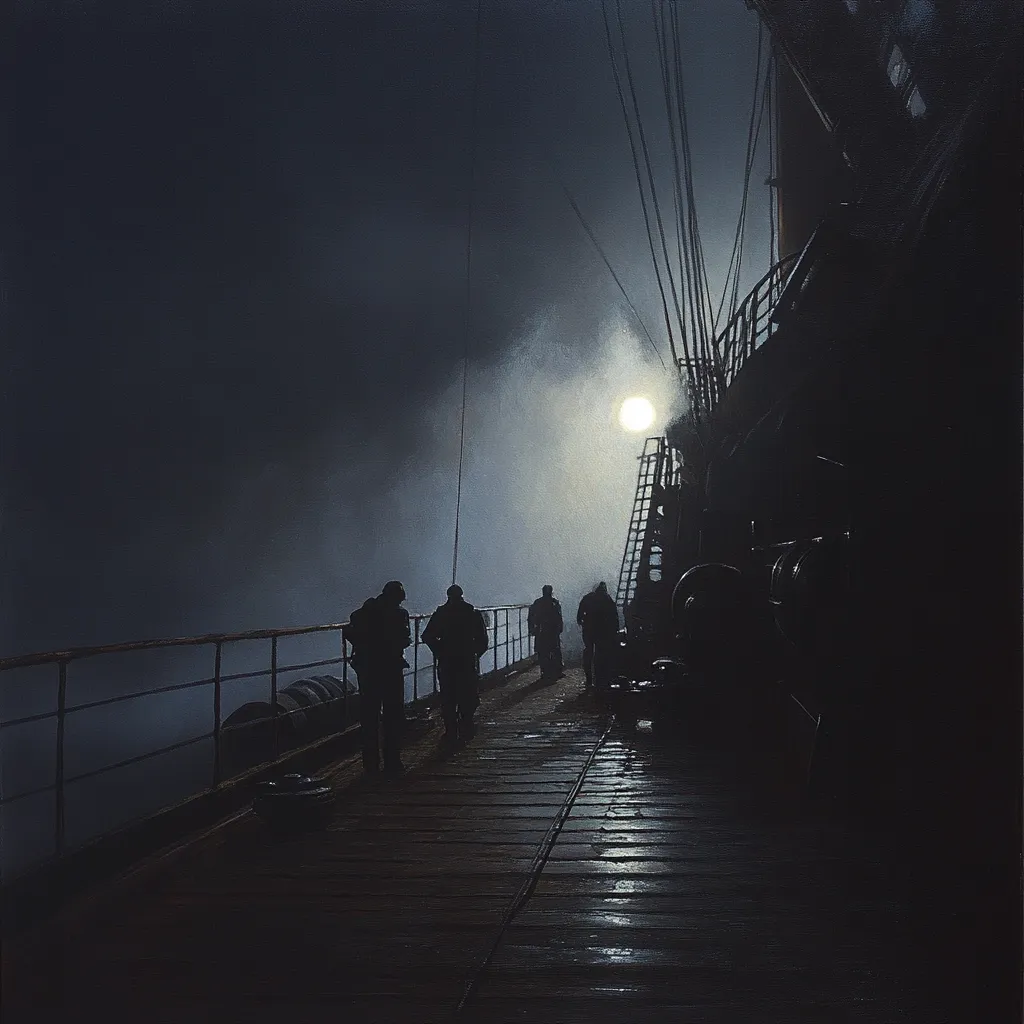 A dimly lit painting depicts a group of figures silhouetted against a misty, moonlit night.  They walk along a wooden deck of a large ship, its rigging and structure partially visible in shadow. The atmosphere is somber and evocative, suggesting a sense of isolation and mystery on the open sea. The moon, a pale orb, casts a faint glow on the scene.