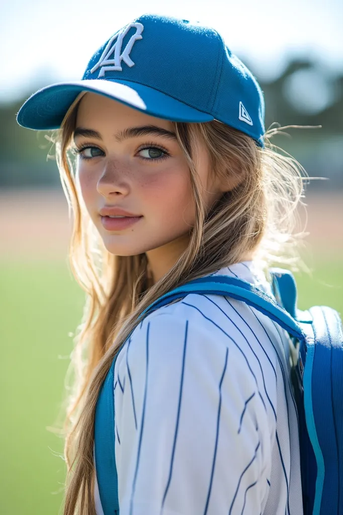 A young girl with long blonde hair looks over her shoulder. She wears a blue baseball cap with white lettering, a white and blue pinstriped shirt, and a blue backpack.  Her expression is pleasant, and she appears to be outdoors on a sunny day.  Her freckles and clear skin are visible. The overall image is bright and cheerful.