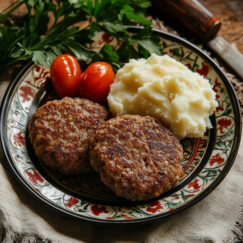 A rustic plate holds two savory browned patties, nestled beside a generous serving of creamy mashed potatoes.  Two halved cherry tomatoes and fresh parsley add a pop of color.  The plate features an ornate, dark design. The overall setting is warm and inviting, suggesting a simple, home-cooked meal.