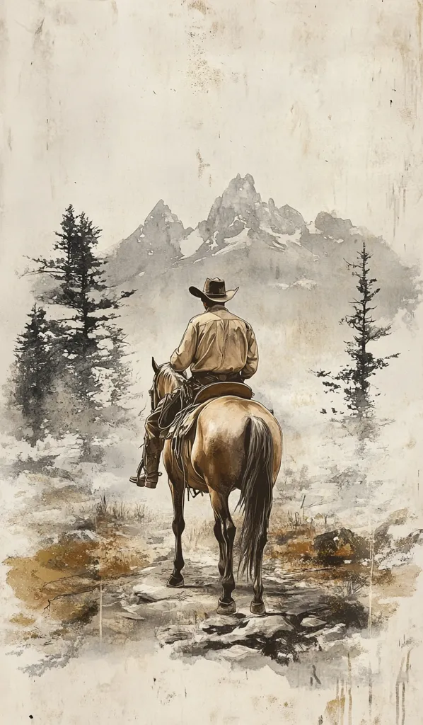 A lone cowboy, seen from behind, sits astride a light brown horse.  They face a majestic mountain range partially shrouded in mist,  with dark evergreen trees framing the scene. The artwork employs a watercolor style, with a muted color palette and textured background, evoking a feeling of serenity and the vastness of the western landscape. The overall mood is peaceful and contemplative.