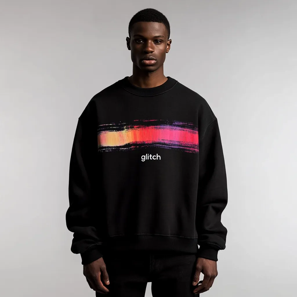 A dark-skinned male model sports a black crewneck sweatshirt featuring a horizontally striped graphic design in warm tones. The graphic resembles a paintbrush stroke and is overlaid with the word "glitch" in white sans-serif font.  The sweatshirt has a relaxed fit, and the model is wearing black pants. The background is a plain light grey.