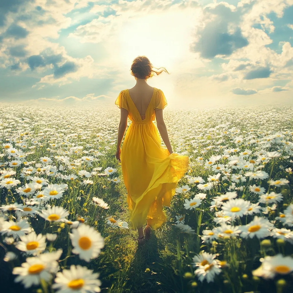 A woman in a flowing yellow dress walks through a vast field of daisies.  The sun shines brightly, illuminating the scene. Her back is to the camera, and her dress billows gently in a light breeze. The image evokes a feeling of peace, freedom, and the beauty of nature.  The path ahead stretches towards a hazy horizon, suggesting a journey or a new beginning.