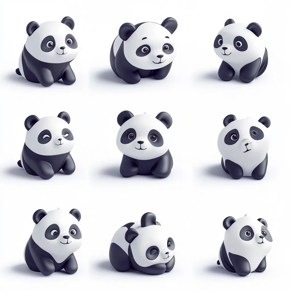 Nine adorable 3D renderings of baby pandas are displayed in various poses against a white background.  Each panda is depicted in a slightly different position, showcasing a range of cute expressions, from sitting upright to lying down.  The pandas are rendered with smooth, glossy surfaces, highlighting their black and white markings.