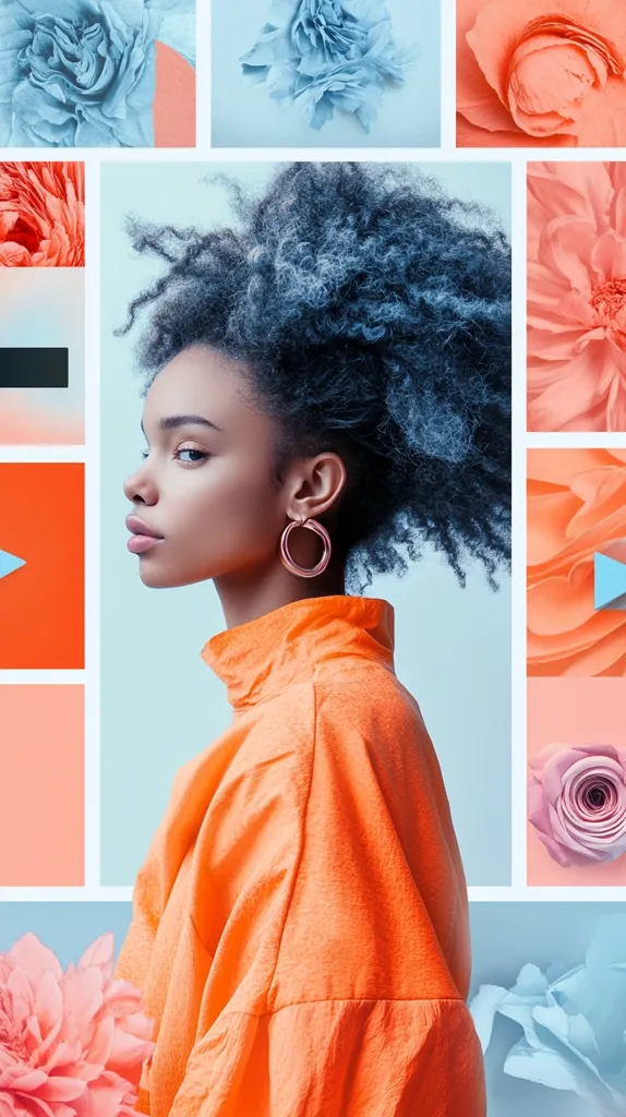 A young woman with voluminous dark curly hair wears a vibrant orange top.  She is positioned in profile, showcasing a large hoop earring. The image is a collage incorporating various pastel and coral-toned flowers, creating a visually appealing and stylish composition.  The color palette is soft yet bold, emphasizing the model's striking features.