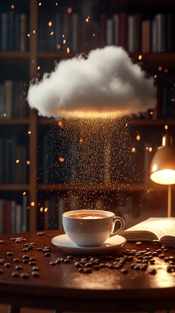 A steaming cup of coffee sits on a wooden table scattered with coffee beans.  A fluffy cloud hovers above, magically raining golden sparks into the mug.  The scene is set in a warm, dimly lit library, with bookshelves and a desk lamp adding to the cozy ambiance.  The image evokes a feeling of comfort and magical realism.