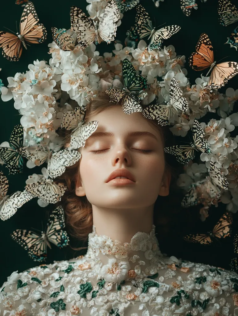 A captivating image presents a young woman in a serene state, her eyes closed in tranquil repose. She is adorned with a headdress of delicate white blossoms and butterflies, which are also scattered around her in the dark green backdrop. Her dress mirrors the headdress, embellished with white flowers. The overall effect is ethereal and dreamlike, suggesting a fusion of beauty, nature, and tranquility, a celebration of natural wonders, creating an aura of delicate serenity. The detailed ornamentation of her dress, flowers and the butterflies brings the picture to life.