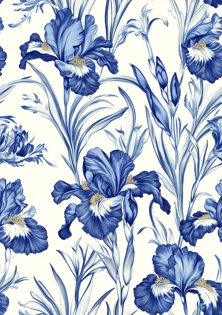 A seamless pattern showcases a profusion of blue irises rendered in a detailed, almost pen-and-ink style.  The flowers, in various stages of bloom, are depicted against a crisp white background.  Their intricate petals and slender leaves create a luxurious and elegant design, suitable for fabric, wallpaper, or other decorative applications. The color palette is predominantly shades of blue, creating a calming and sophisticated aesthetic.