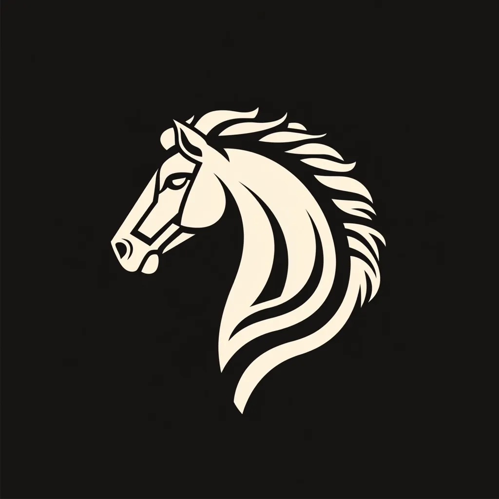 A stylized white horse's head is depicted in profile against a black background.  The design is minimalist, with bold lines emphasizing the mane and flowing curves of the neck. The horse appears strong and proud, suggesting power and grace. The image is suitable for a logo or emblem.