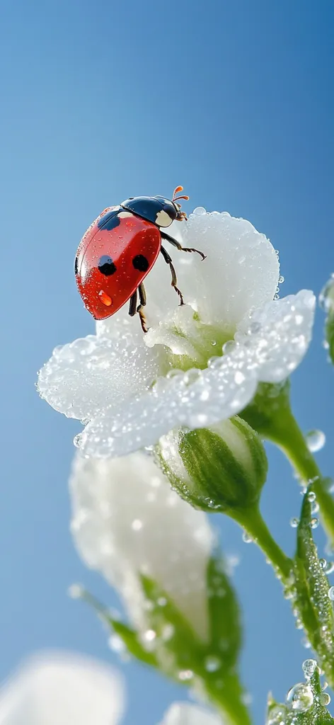 A vibrant red ladybug with black spots delicately rests on a dew-kissed white flower.  Water droplets cling to the petals, creating a sparkling effect against the clear blue sky. The scene is a beautiful juxtaposition of nature's tiny wonders, showcasing the ladybug's vibrant colors and the flower's pristine beauty.  The background is a soft, unfocused blue, drawing attention to the central focus of the ladybug and flower.