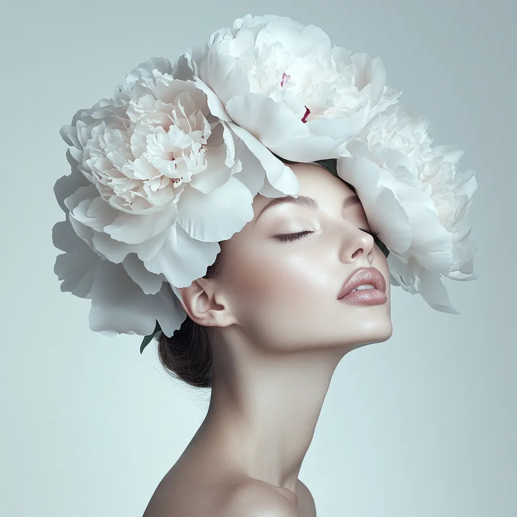 A serene woman with her eyes closed is adorned with a crown of large, white peonies.  Her skin is flawless and luminous, enhancing the delicate beauty of the flowers. The image is soft and ethereal, conveying a sense of peace and natural elegance.  The pale background accentuates the contrast between the woman's skin and the blossoms.