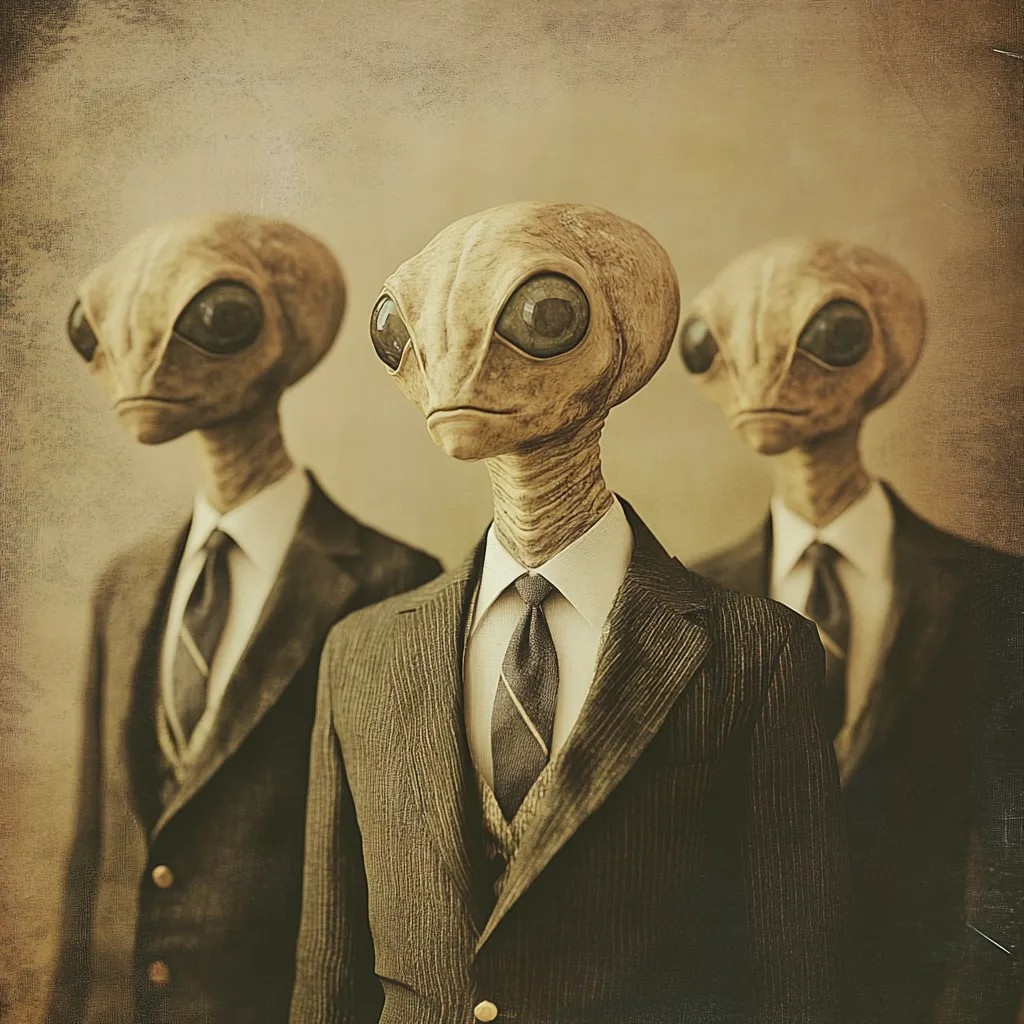 Three grey alien figures, rendered in a sepia-toned, vintage style, stand in a row.  They are dressed in matching pinstripe suits and ties, presenting a formal and somewhat unsettling image. The central figure is sharply in focus, while the flanking figures are slightly blurred, creating a depth effect. The background is textured, mimicking aged photographic paper.