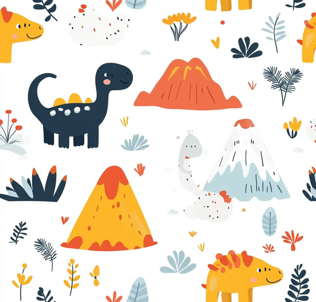 A whimsical seamless pattern features cartoon dinosaurs in various colors, including orange, yellow, and dark blue.  Volcanoes in shades of orange and blue, along with stylized flora, complete the prehistoric landscape. The design is playful and suitable for children's products.  The overall style is bright and cheerful.