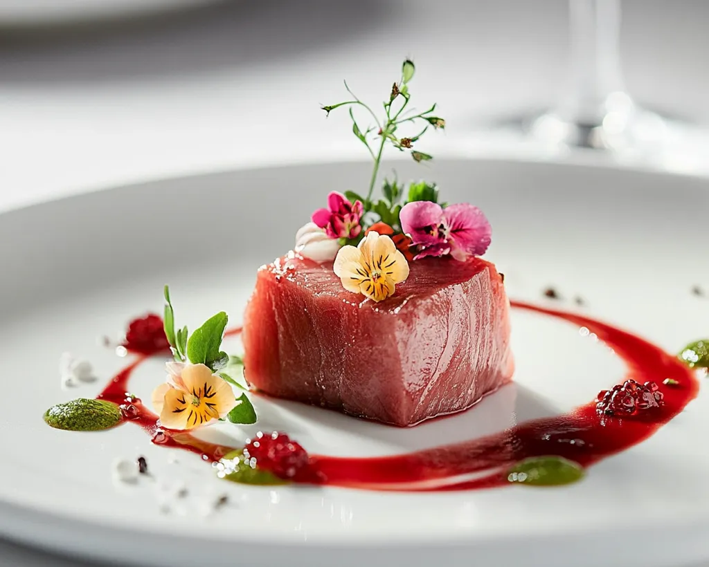 A close-up shot showcases a meticulously plated dish.  A cube of seared tuna, adorned with edible flowers, sits at the center.  Swirls of vibrant red sauce encircle the tuna, complemented by small dots of what appears to be berry coulis and pesto.  The presentation is elegant and refined, suggesting a high-end dining experience.