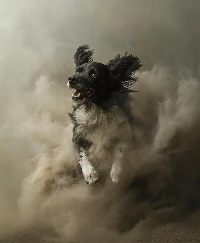 A black and white dog leaps through a cloud of tan dust, its ears flapping in the wind.  The dog's joyful expression is visible as it appears mid-jump against a muted background.  The overall effect is one of dynamic motion and playful energy, captured in a dramatic, artistic style. The dust creates a swirling, ethereal atmosphere around the canine.