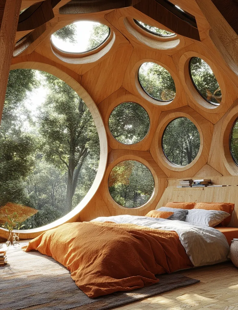 A bedroom nestled within a geodesic dome structure boasts numerous circular windows offering panoramic views of a lush green forest.  Sunlight streams through the wooden frame, illuminating a bed dressed in burnt orange linens.  The design is minimalist and modern, emphasizing natural materials and a connection with the outdoors.  A small rug adds warmth to the wooden floor.