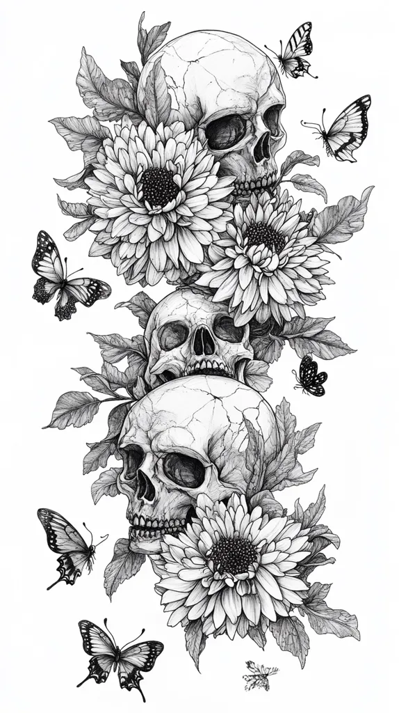 A monochrome illustration showcases three skulls nestled amongst lush dahlias and fluttering butterflies.  The detailed pencil work renders the skulls with intricate bone structure, contrasting beautifully with the soft petals of the flowers.  Butterflies of varying sizes add a delicate touch, enhancing the overall artistic composition with a blend of dark and light tones.  The image suggests themes of mortality and the beauty of nature's ephemeral nature.
