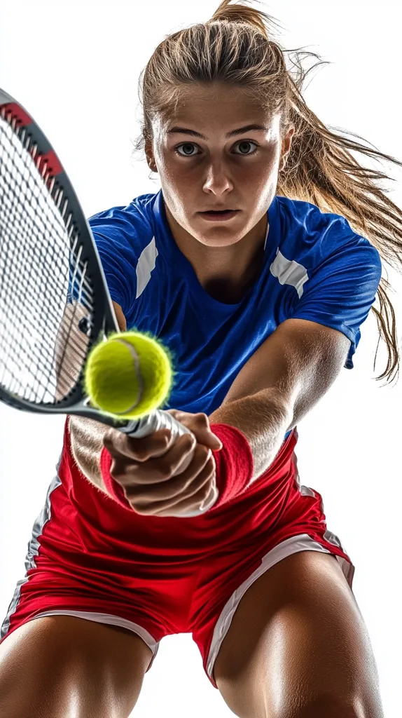 A young female tennis player, captured in a dynamic low-angle shot against a white background, powerfully swings her racket.  She's focused intently on the ball, which is in mid-air, ready to be hit. Her athletic build and determined expression convey strength and skill.  The vibrant colors of her red and blue tennis outfit pop against the bright background.