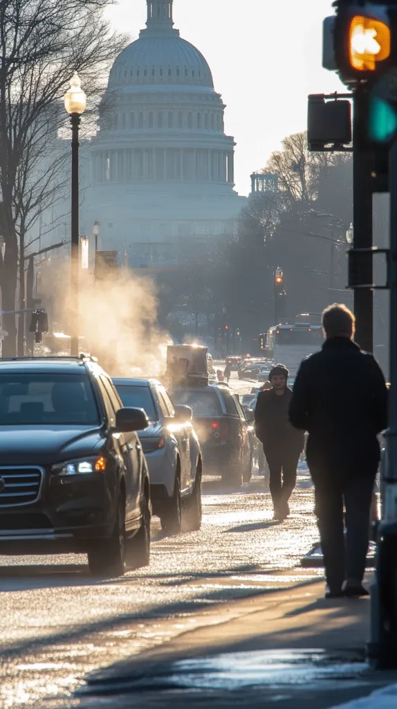 A hazy winter morning in Washington D.C. shows the US Capitol building in the background.  Traffic moves slowly on a city street, with exhaust creating steam visible in the cold air. Pedestrians walk along the sidewalk, bundled against the chill.  Traffic lights stand tall, adding to the urban scene.  The overall mood is quiet and atmospheric.
