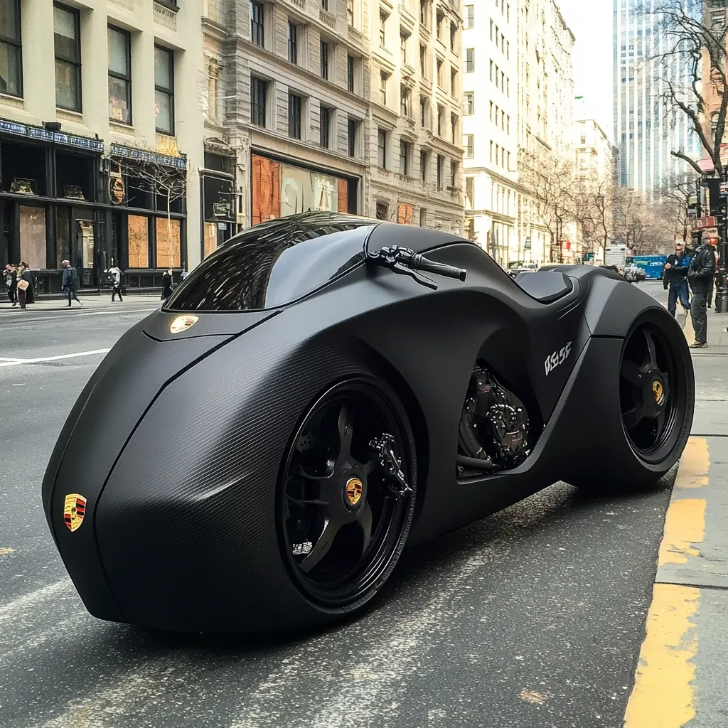 A sleek, black, futuristic motorcycle, possibly a custom build, is parked on a city street. Its matte black body features a carbon fiber-like texture and prominent Porsche badging.  The design is aerodynamic and low to the ground, with large, stylish wheels. The background shows a typical city street scene with buildings and pedestrians.  The motorcycle's unique shape suggests high-performance capabilities.