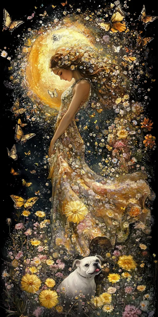 A mystical painting depicts a woman in a flowing, flower-adorned gown, surrounded by a vibrant field of blossoms and fluttering butterflies. Her long hair cascades around her, blending with the floral motifs. A small white dog sits attentively at her feet. The overall ambiance evokes a sense of ethereal beauty and tranquility, with a sun-like orb adding warmth to the scene.  The artwork uses a palette of warm golds and yellows, accented by cool greens and purples.