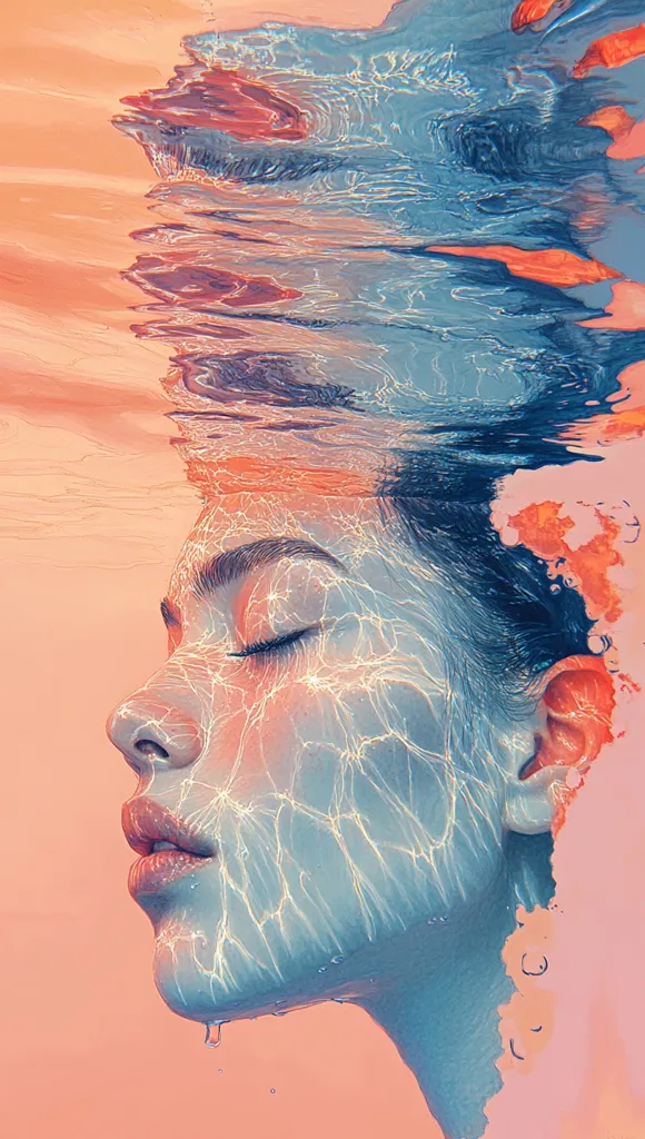 A stylized portrait of a woman's face submerged in water.  The image uses cool blues and warm oranges to depict the water's refraction, creating a dreamy, ethereal effect.  Her eyes are closed, and the water's movement is intricately detailed, suggesting serenity and tranquility. The overall aesthetic is both surreal and beautiful.