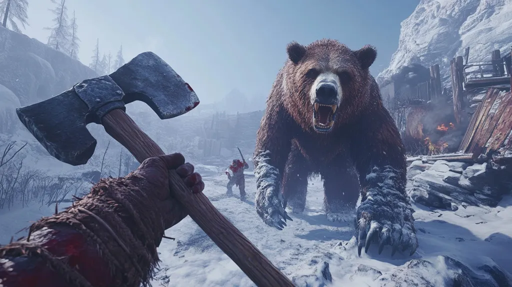 A massive, enraged brown bear charges towards a lone figure wielding a large axe in a snowy, mountainous landscape.  Another figure, armed with a sword, is seen fleeing in the background. The scene suggests a perilous encounter, possibly from a survival or action video game, with a rustic, wintry setting.  The axe is prominently featured in the foreground, implying imminent conflict.
