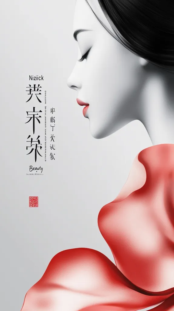 A stylized portrait of a woman's profile, her face rendered in black and white, contrasts with a flowing red fabric draped around her shoulders.  The image features elegant typography in both English and Chinese, highlighting the word "Beauty." The overall aesthetic is minimalist and sophisticated, suggesting a concept of beauty and grace.