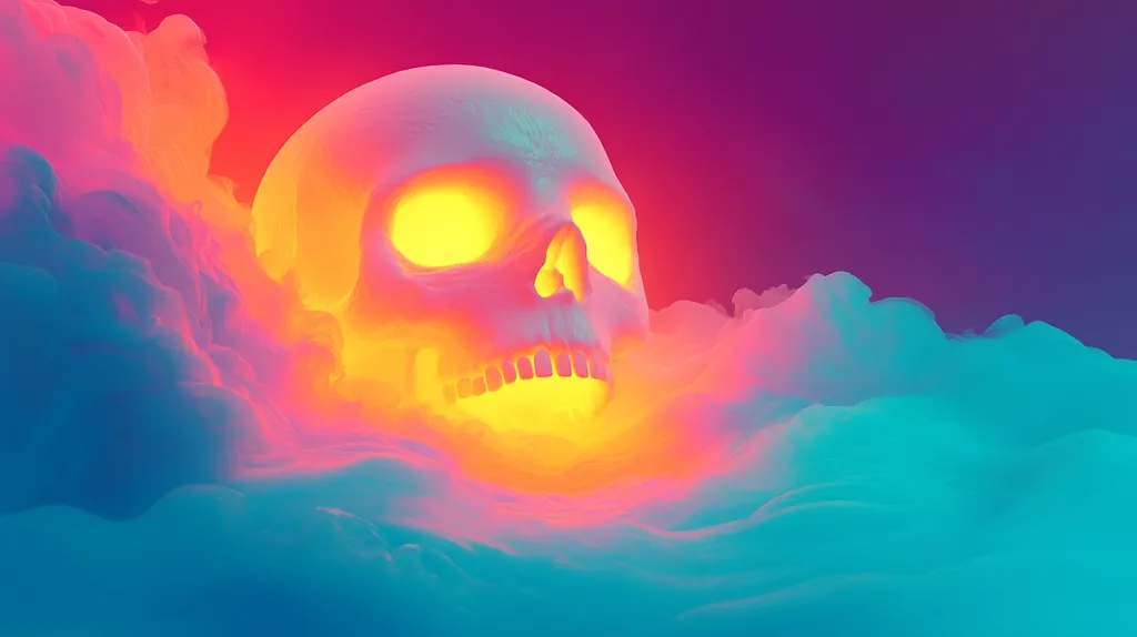A vibrant, surreal image depicts a human skull nestled within a swirling cloud of neon-colored smoke.  The skull's eye sockets and mouth glow with a bright, warm yellow light, contrasting against the cool blues and pinks of the surrounding vapor. The overall effect is both eerie and beautiful, suggesting a blend of darkness and light, or perhaps life and death.