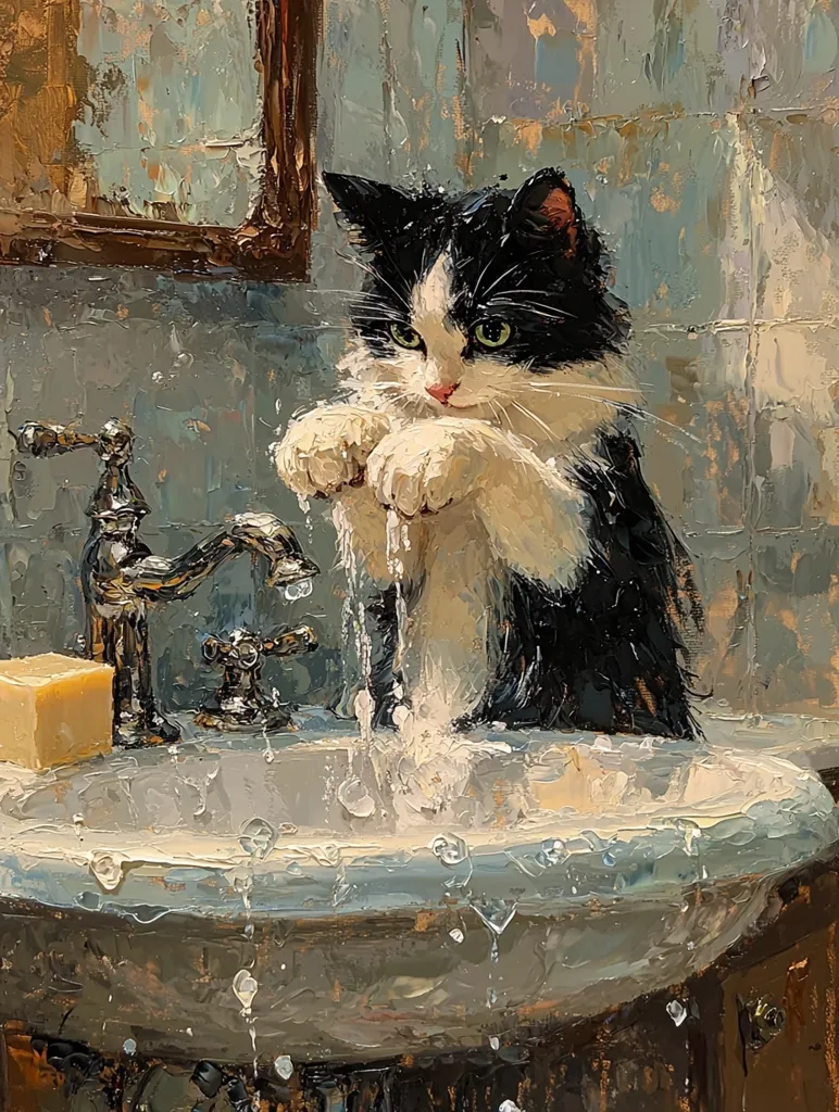 A tuxedo cat washes its paws in a vintage porcelain sink.  Water splashes around its white paws as it delicately cleans itself.  A bar of soap sits near an antique faucet.  The painting's impasto style adds texture to the scene, emphasizing the cat's fur and the water's movement. The background features a muted, aged bathroom setting.