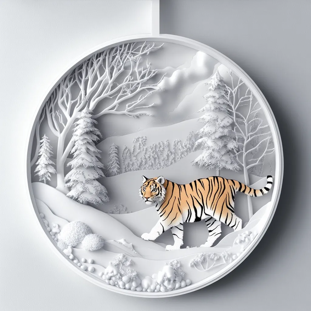 A circular paper-cut artwork depicts a Siberian tiger traversing a snowy winter landscape.  The tiger, rendered in orange and black, stands out against the white, intricately detailed background of snow-covered trees, hills, and bushes.  The scene is presented in a layered, three-dimensional style, creating a sense of depth and texture.  The overall effect is elegant and evocative of a serene winter scene.